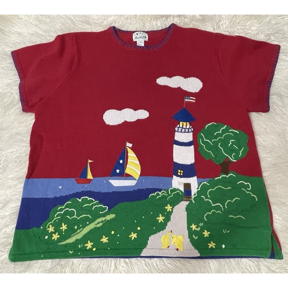 Quacker Factory Novelty short sleeve pullover sweater 3X lighthouse ocean